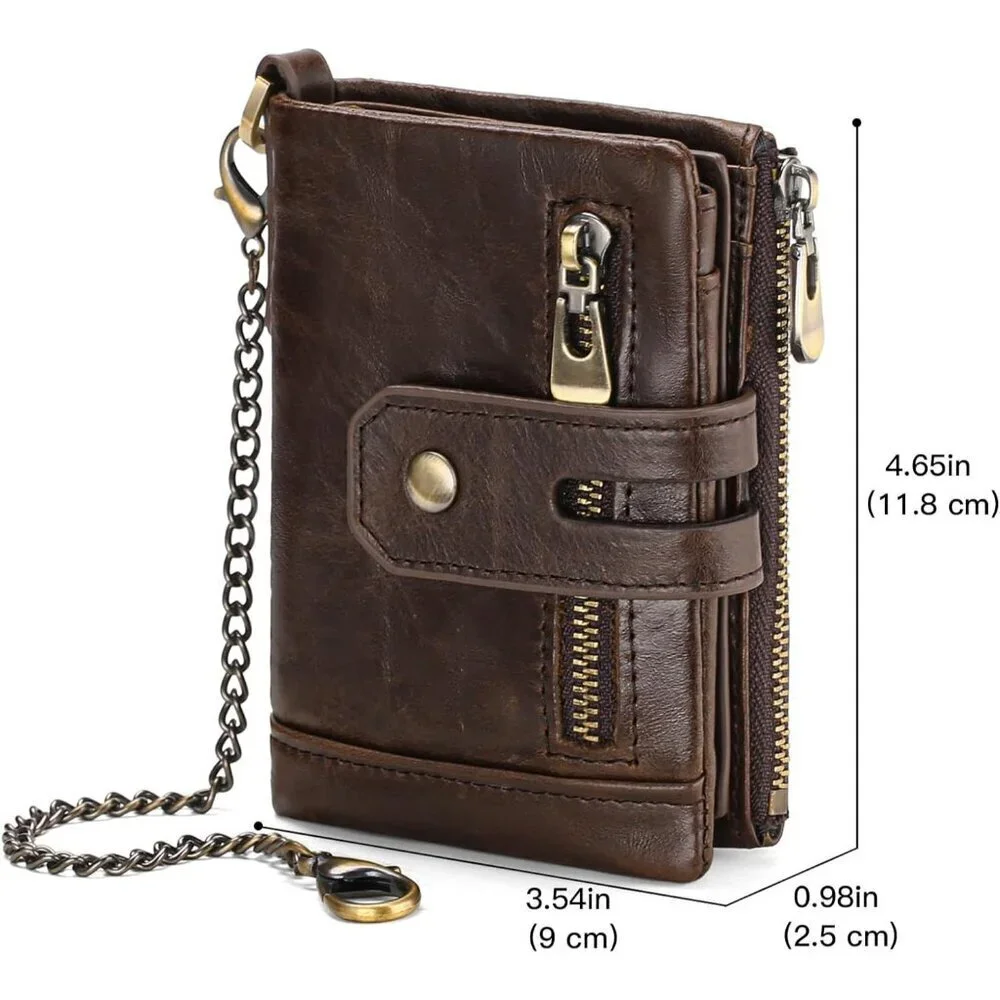 ✨Men Brown Chain Wallets Bifold Blocking with Chain Leather with Coin Pocket